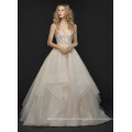 Dimensional Floral Beading and Embroidery Creme Embellished Tulle Wedding Dress with Rhinestone Beaded Strap